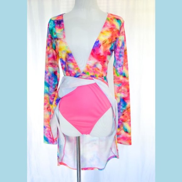 Sexy Neon Tie Dye Bikini Romper Long Sleeve Dress - Picture 7 of 8